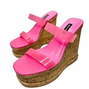 Nine West Sandals‎ Size 6 Pink Open Toe Double Strap Slip On Platform Wedges